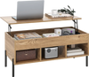 Lifting tabletop central table in natural wood finish with metal legs, featuring storage space and open cubbies for.