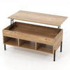 Lifting tabletop living room central table in natural wood finish with metal legs and open cubbies for storage.
