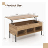 Lifting tabletop central table in natural wood with metal legs, featuring storage cubbies and dimensions for living.