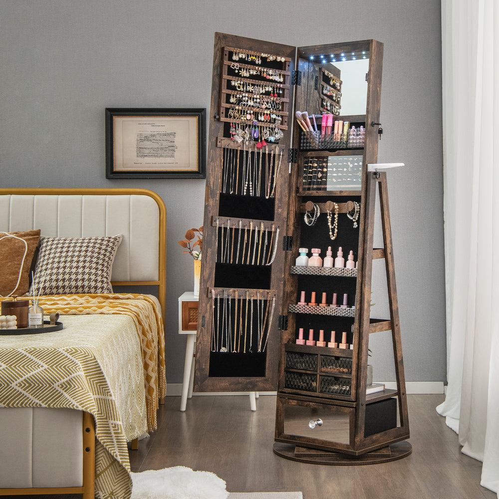 Lockable 360° Swivel Jewelry Cabinet with Full-Length Mirror LED Lights-Rustic Brown - Gallery View 1 of 11