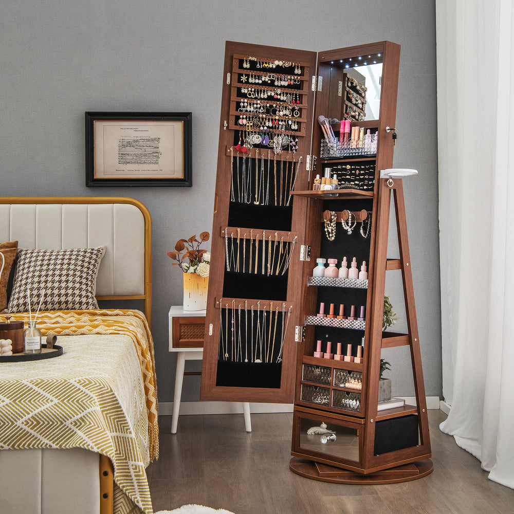 Lockable 360° Swivel Jewelry Cabinet with Full-Length Mirror LED Lights-Walnut - Gallery View 1 of 11