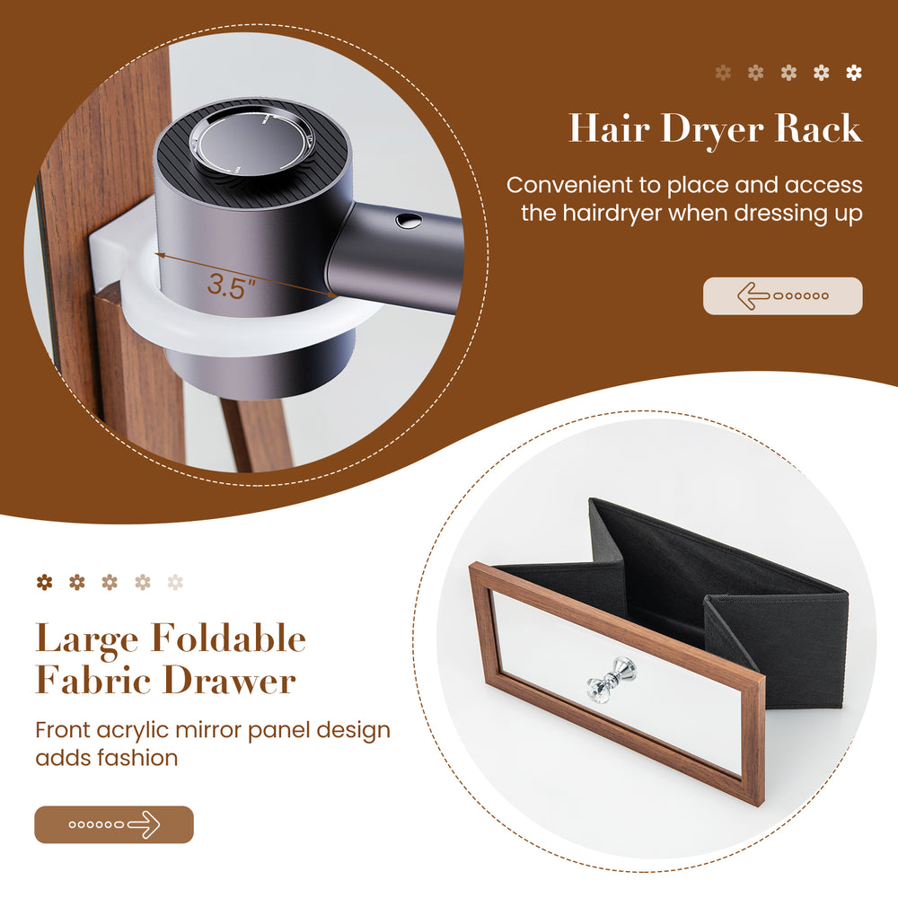 Lockable jewelry cabinet with full-length mirror, LED lights, and hairdryer holder for organized storage in walnut.