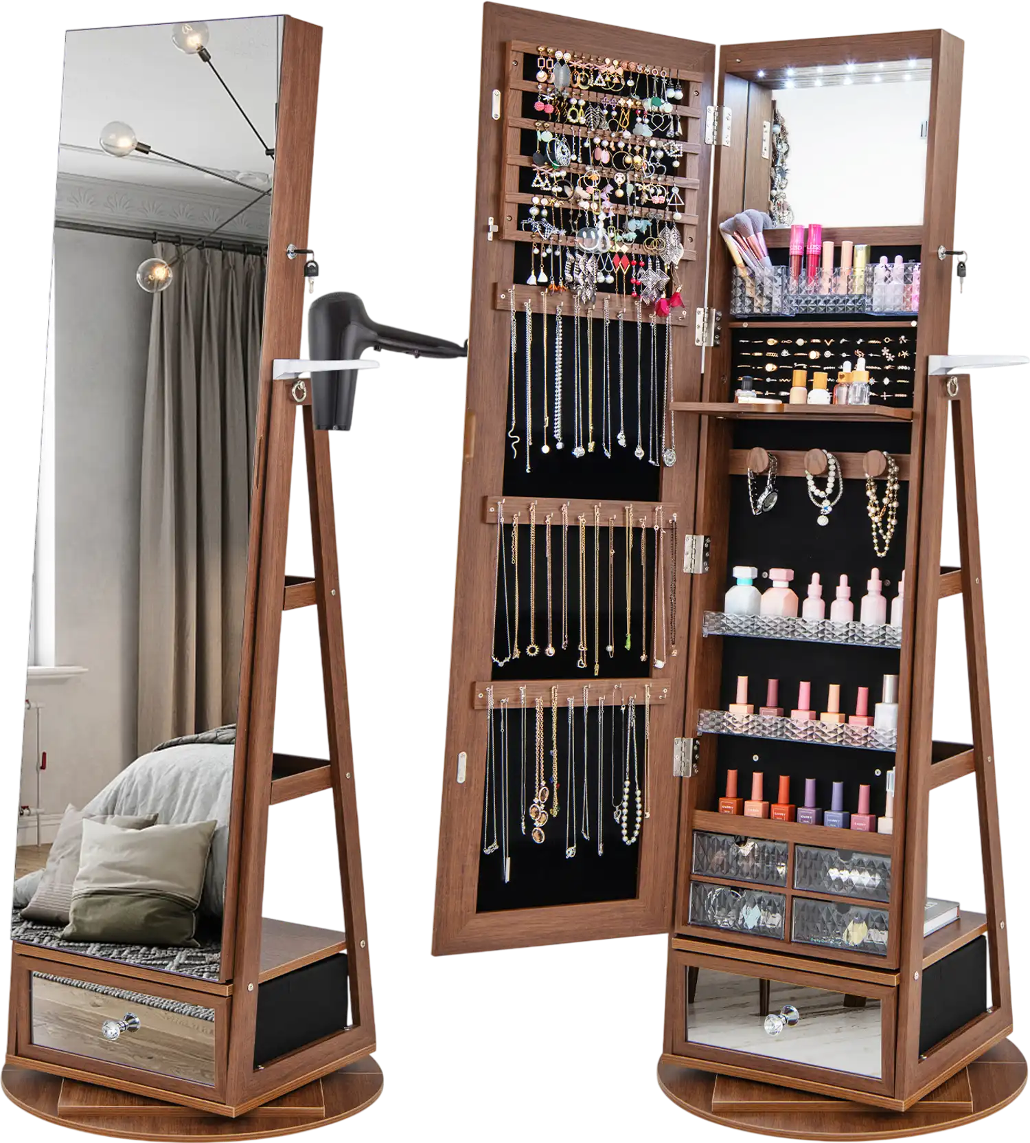 Costway Lockable 360° Swivel Jewelry Cabinet Full-Length Mirror LED Lights 72963518 New