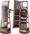 Walnut jewelry cabinet with foldable makeup shelf, LED lights, and integrated storage for necklaces and cosmetics.