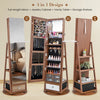 Lockable 360° swivel jewelry cabinet with full-length mirror, LED lights, and multiple storage shelves in walnut finish.