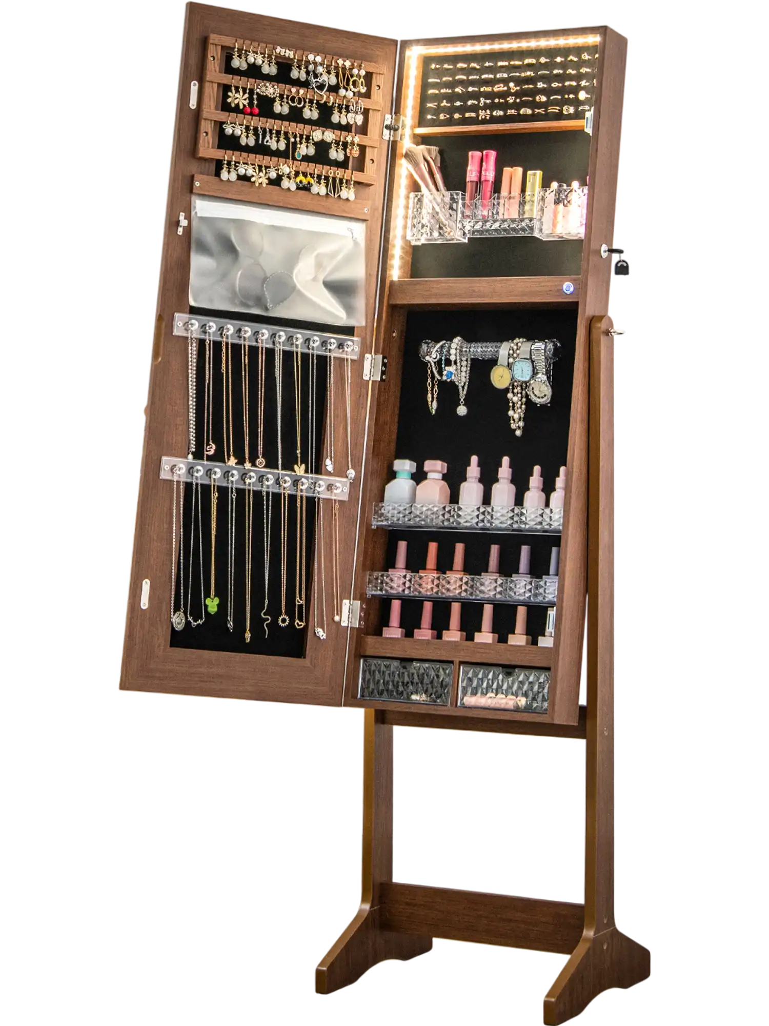 Costway Lockable Lighted Full-Length Mirror Jewelry Armoire Cabinet Walnut 96835412 New