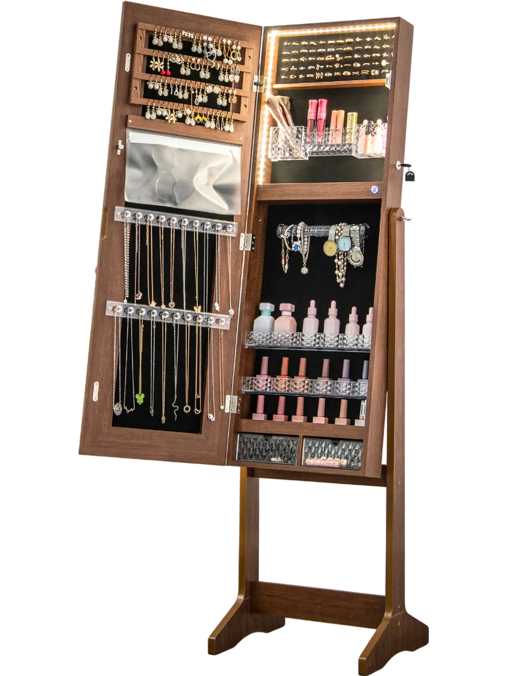 Lockable jewelry armoire in walnut with lighted full-length mirror, featuring large storage and adjustable tilt angles.