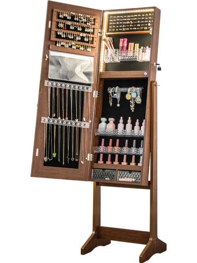 Costway Lockable Lighted Full-Length Mirror Jewelry Armoire Cabinet Walnut 96835412 New