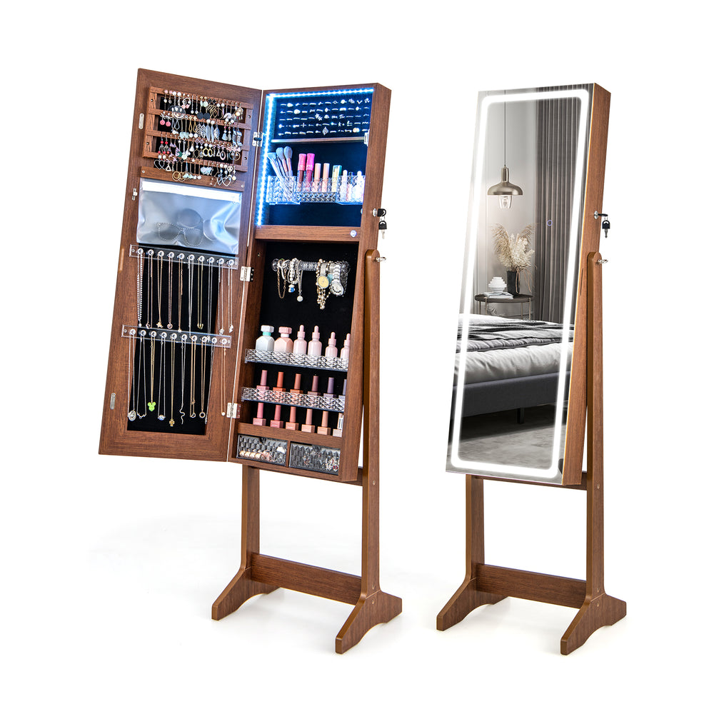 Lockable jewelry armoire with lighted full-length mirror in walnut, featuring large storage and adjustable tilt angles.
