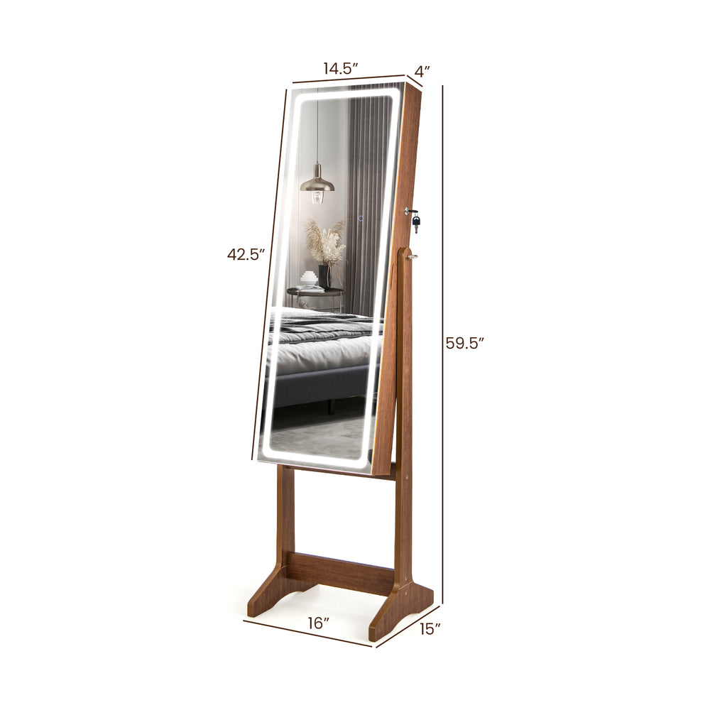 Lockable jewelry armoire with lighted full-length mirror in walnut, featuring adjustable tilt and large storage.