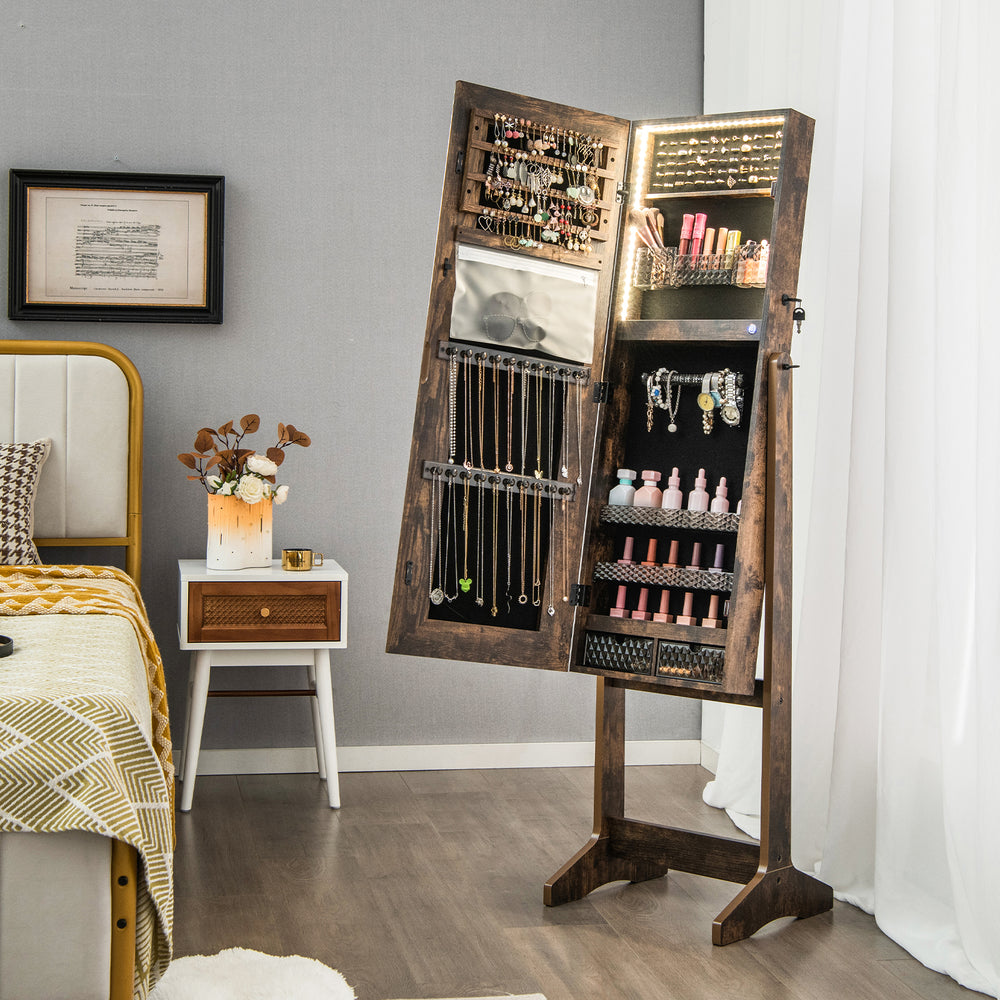 Lockable Jewelry Armoire Standing Cabinet with Lighted Full-Length Mirror-Rustic Brown - Gallery View 1 of 11