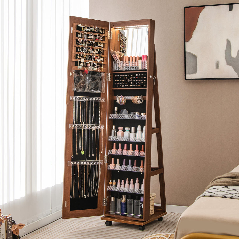 Lockable jewelry cabinet armoire in brown with full-length mirror, LED lights, and organized storage for jewelry and.