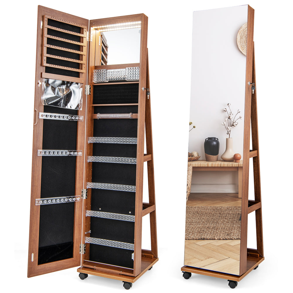 Lockable jewelry cabinet armoire in brown with full-length mirror, LED lights, and ample storage for jewelry and makeup.