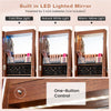 Lockable jewelry cabinet armoire with built-in LED mirror, featuring three light colors and ample storage for.