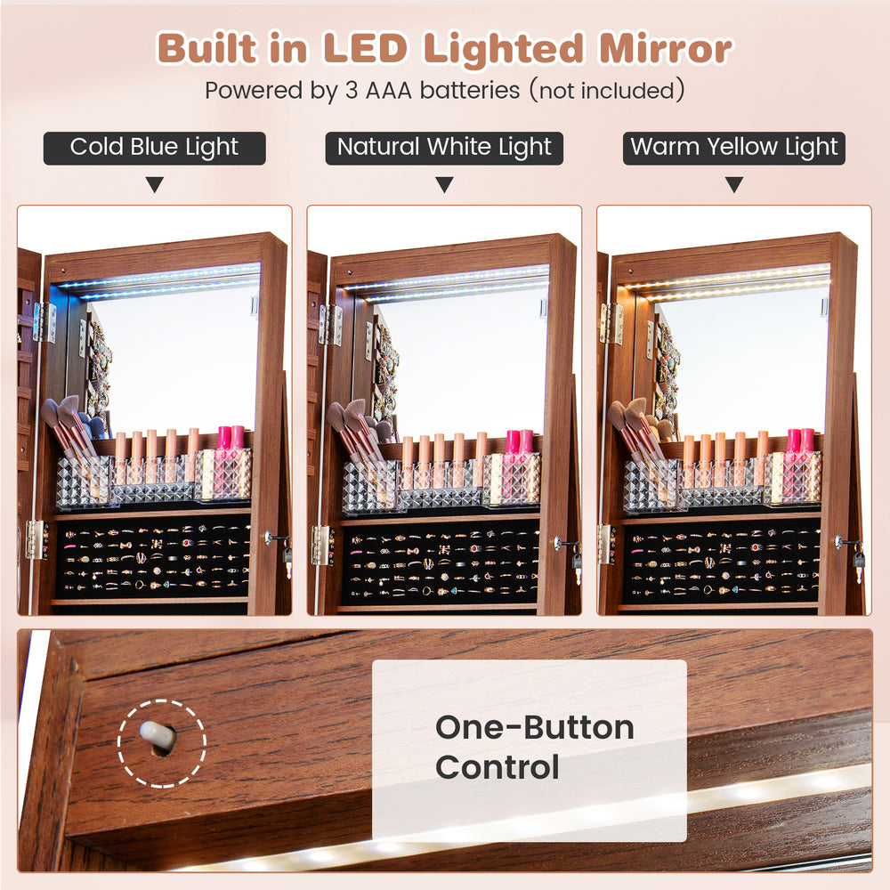 Lockable jewelry cabinet armoire with built-in LED mirror, featuring three light colors and ample storage for.