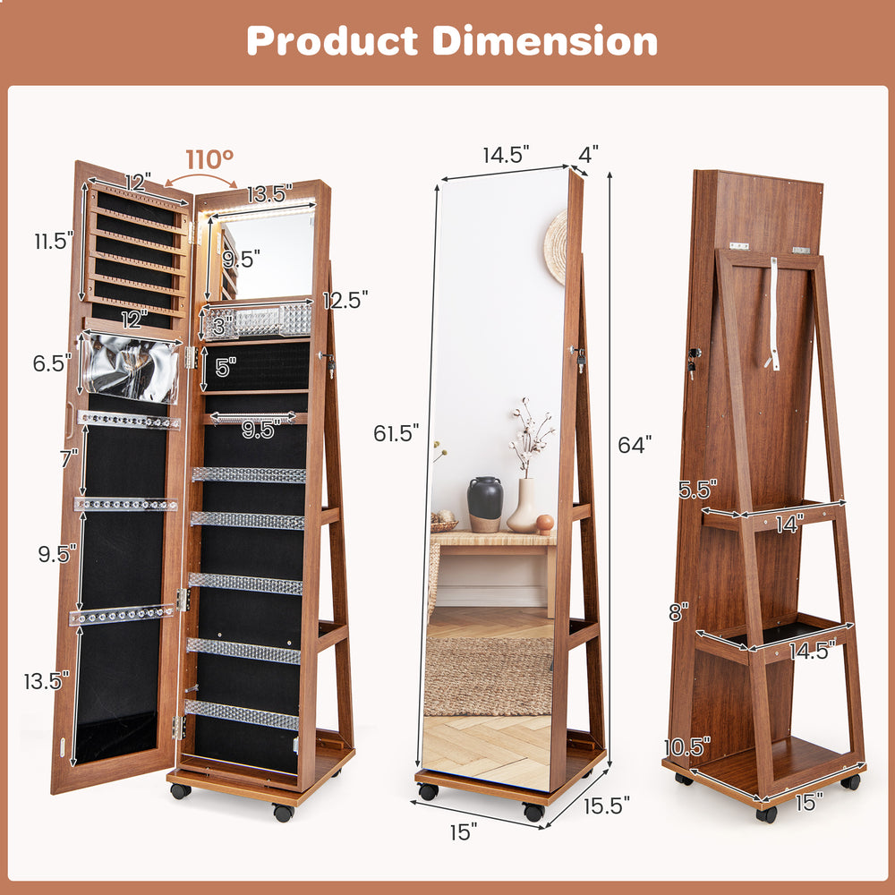 Lockable jewelry cabinet armoire with full-length mirror, brown finish, featuring storage hooks and shelves for.
