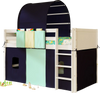 Twin size loft bed with navy tower tent, storage pockets, and guardrail, perfect for kids' play and sleep.