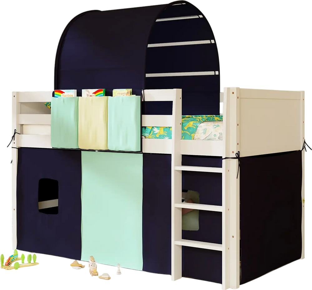 Twin size loft bed with navy tower tent, storage pockets, and guardrail, perfect for kids' play and sleep.