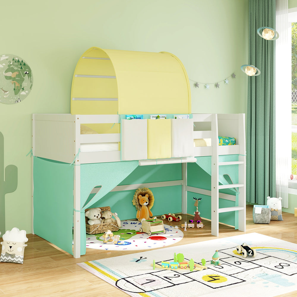 Twin Size Loft Bed Playhouse Bed Frame with Tower Tent and 3 Storage Pockets-Turquoise - Gallery View 1 of 9
