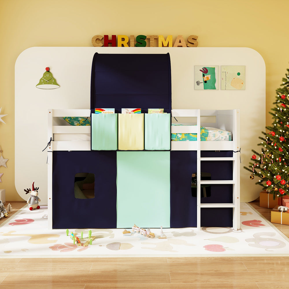 Twin size loft bed with navy tower tent, featuring a vertical ladder for easy access and secure playtime.