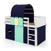 Twin size loft bed with navy tower tent and three storage pockets, perfect for kids' play and organization.