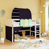 Twin size loft bed with navy tower tent and three storage pockets, perfect for kids' play and study space.