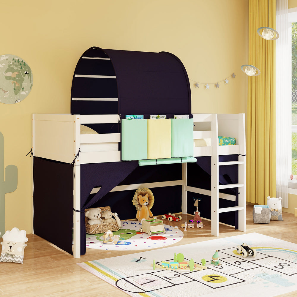 Twin size loft bed with navy tower tent and three storage pockets, perfect for kids' play and study space.