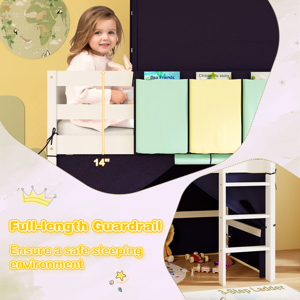 Twin size loft bed with 14" guardrail, tower tent, and 3 storage pockets for secure and organized playtime.