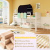 Twin size loft bed with navy tower tent, wooden frame, and three storage pockets for kids' toys and books.