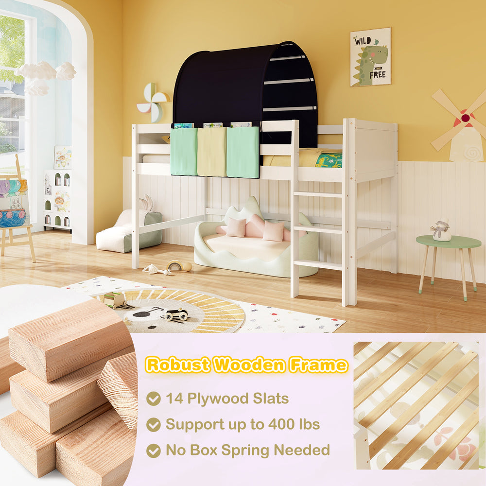 Twin size loft bed with navy tower tent, wooden frame, and three storage pockets for kids' toys and books.