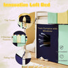 Loft bed with navy tent curtains, top tower, and three storage pockets for kids' toys and books.