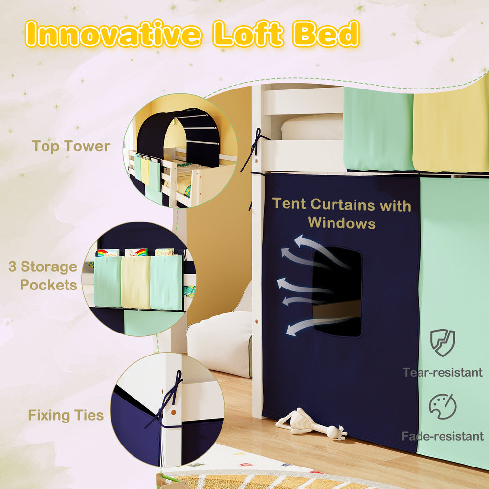 Loft bed with navy tent curtains, top tower, and three storage pockets for kids' toys and books.