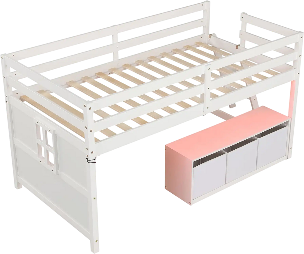 Loft bed with adjustable lights, solid wood construction, and three removable fabric drawers for organized storage.