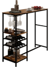 Long bar table in rustic brown with wine racks, stemware holders, and storage shelves for versatile home use.