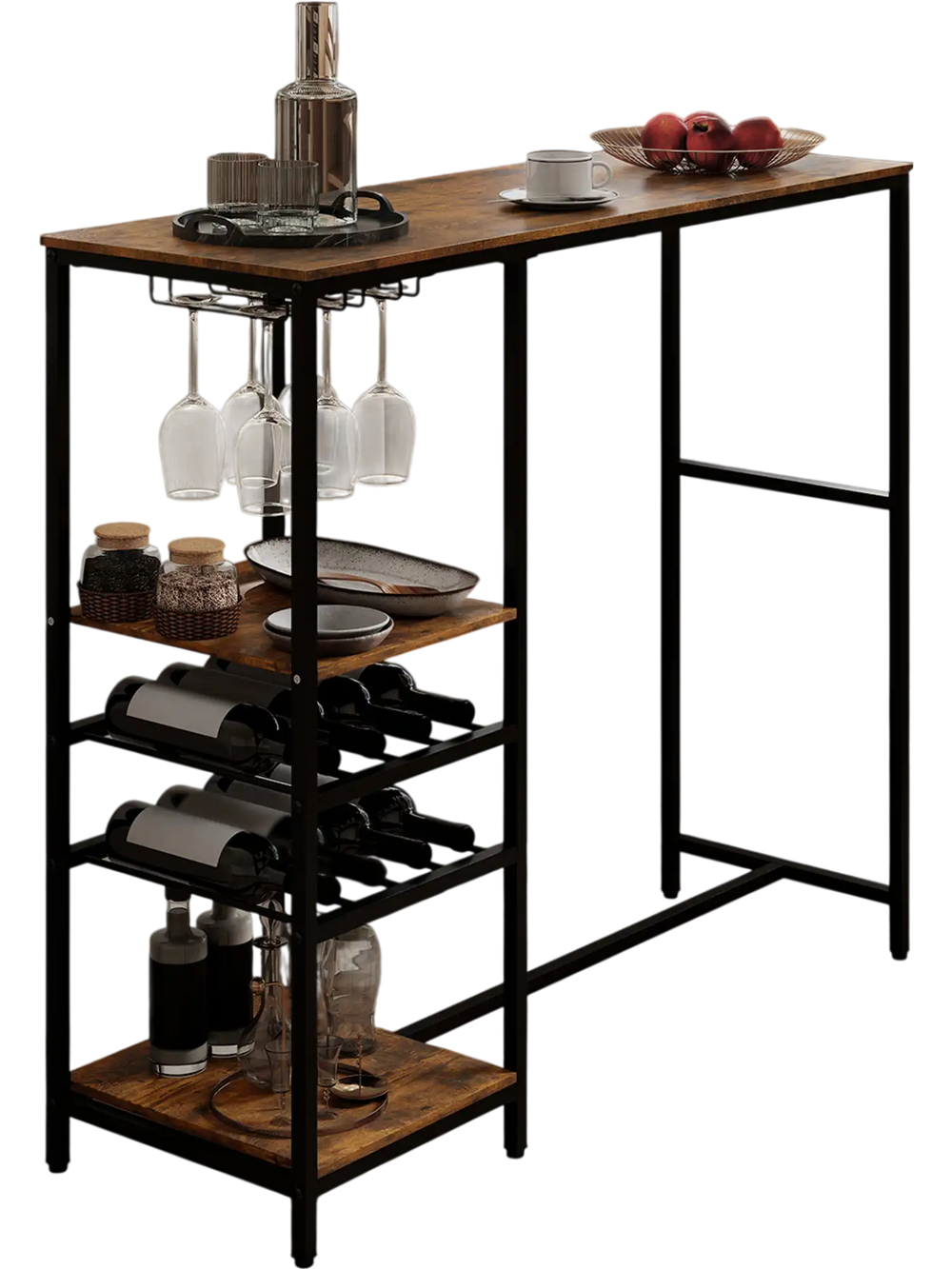 Long bar table in rustic brown with wine racks, stemware holders, and storage shelves for versatile home use.