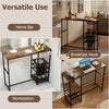 Long bar table in rustic brown with storage shelves, ideal for a home bar, workstation, or breakfast nook.