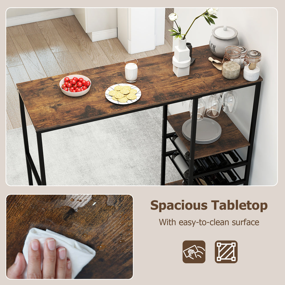 Spacious rustic brown bar table with easy-to-clean surface, featuring storage shelves and wine racks for versatile use.