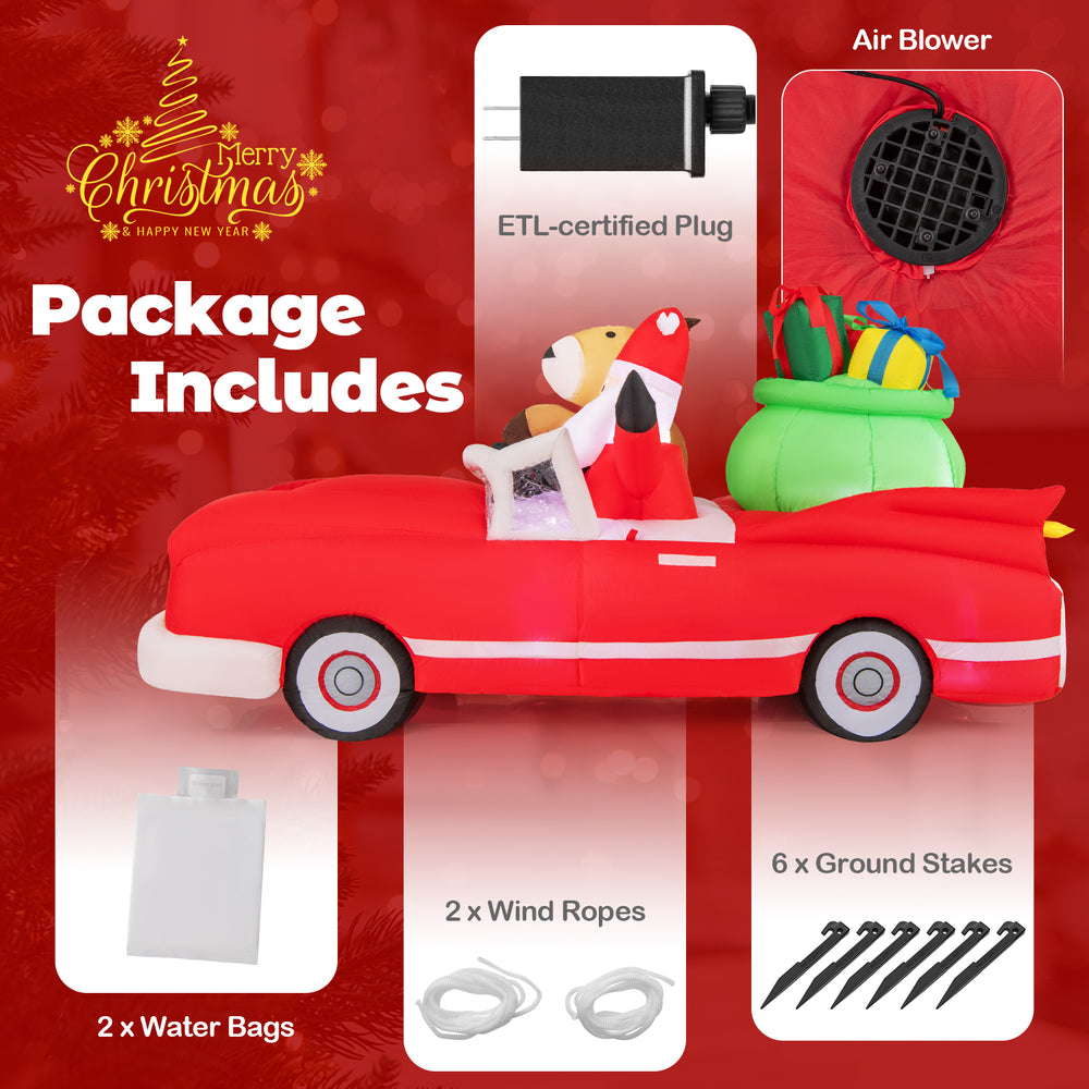 Inflatable Santa Claus and reindeer in red car with gift bag, featuring 9 LED lights for festive holiday decor.