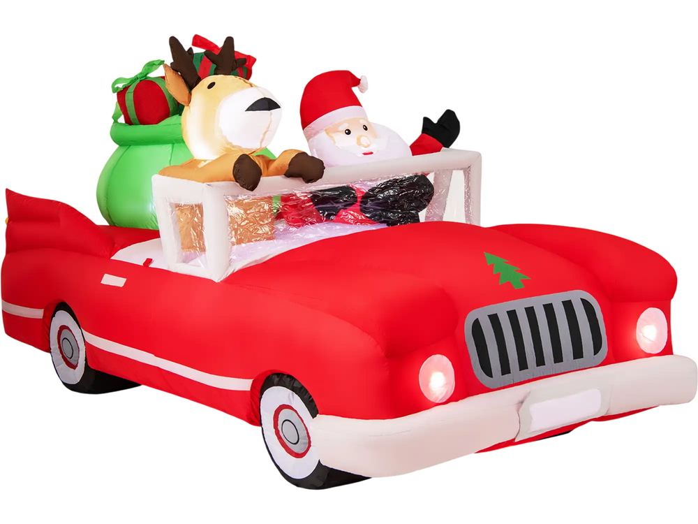 7.7 Feet Long Christmas Inflatable Santa Claus and Reindeer Riding Red Car with Gift Bag and 9 LED White Lights