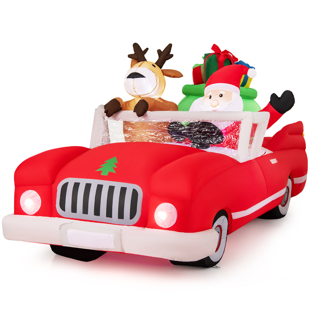 Inflatable Santa Claus and reindeer in a red car with gift bag, featuring 9 LED lights for festive holiday decor.