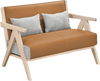 Loveseat sofa with brown artificial leather and gray chenille pillows, rubber wood frame, ideal for small spaces.