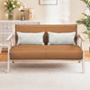 Brown loveseat sofa with throw pillows, rubber wood frame, padded seat, perfect for small spaces and versatile use.