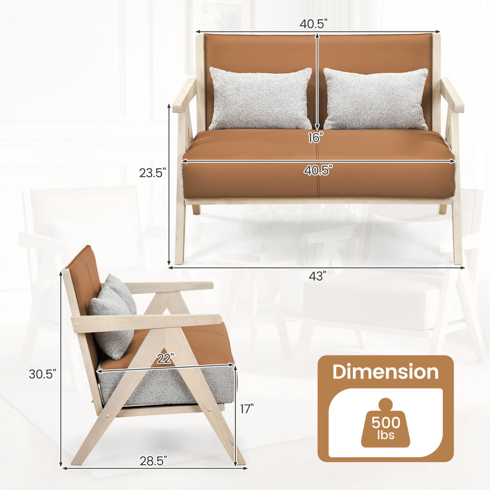 Loveseat sofa with a rubber wood frame and brown artificial leather, featuring throw pillows, ideal for small spaces.