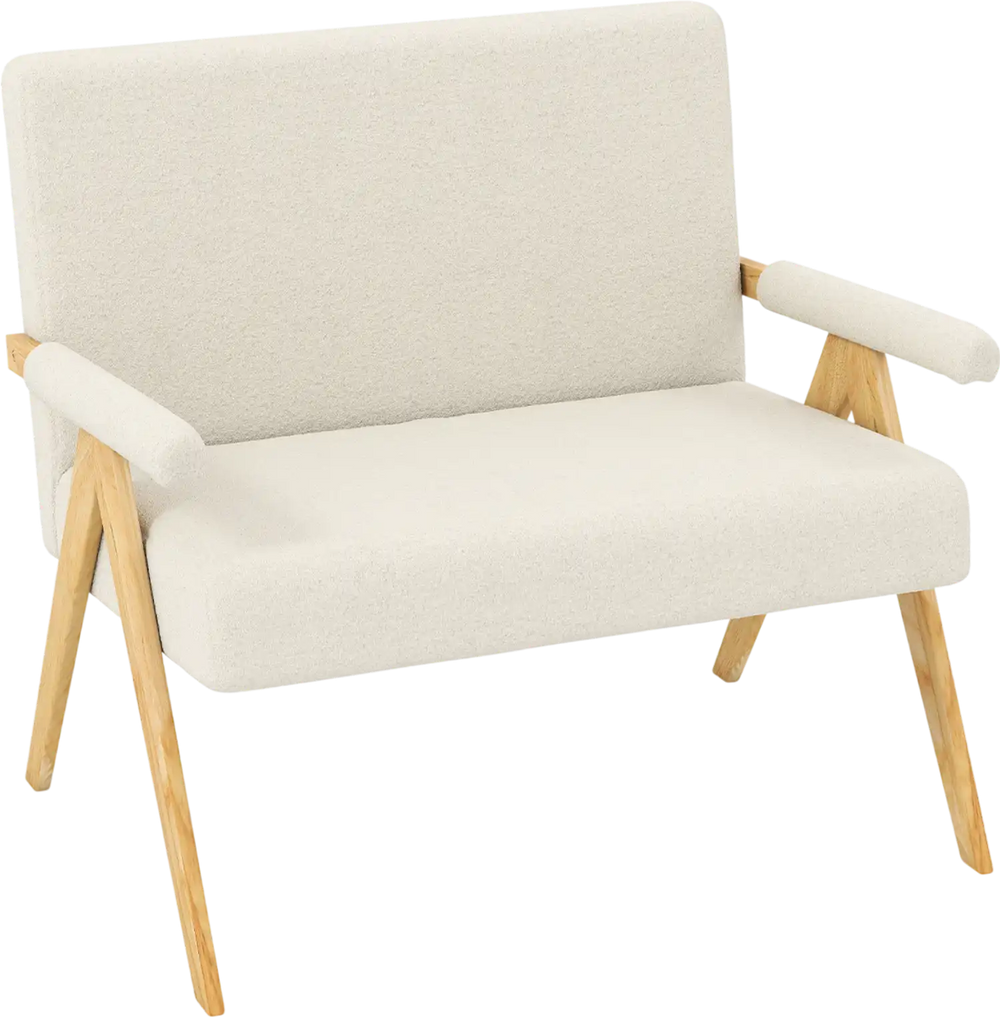 Beige loveseat sofa with upholstered armrests and rubber wood legs, designed for small spaces and comfort.
