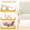 Loveseat sofa in beige with ergonomic slanted backrest, soft cushions, and wooden legs, perfect for small spaces.