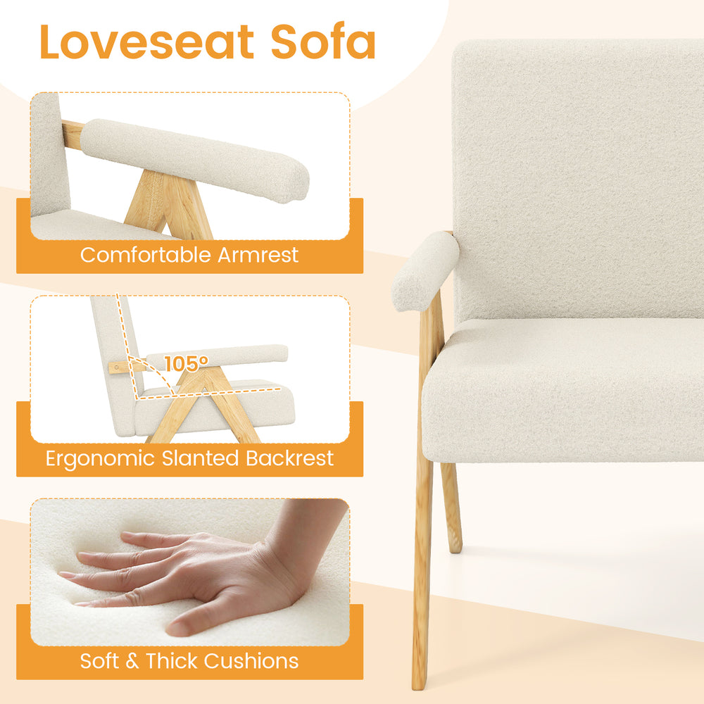 Loveseat sofa in beige with ergonomic slanted backrest, soft cushions, and wooden legs, perfect for small spaces.