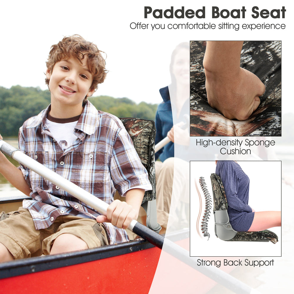 Low back folding padded boat seat in camouflage with high-density sponge cushion for outdoor adventures.