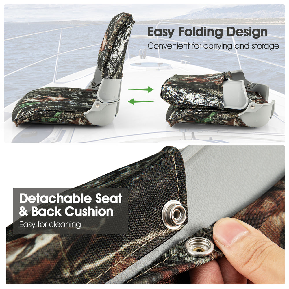 Low back padded boat seat in camouflage with detachable cushions, ideal for outdoor adventures and easy storage.