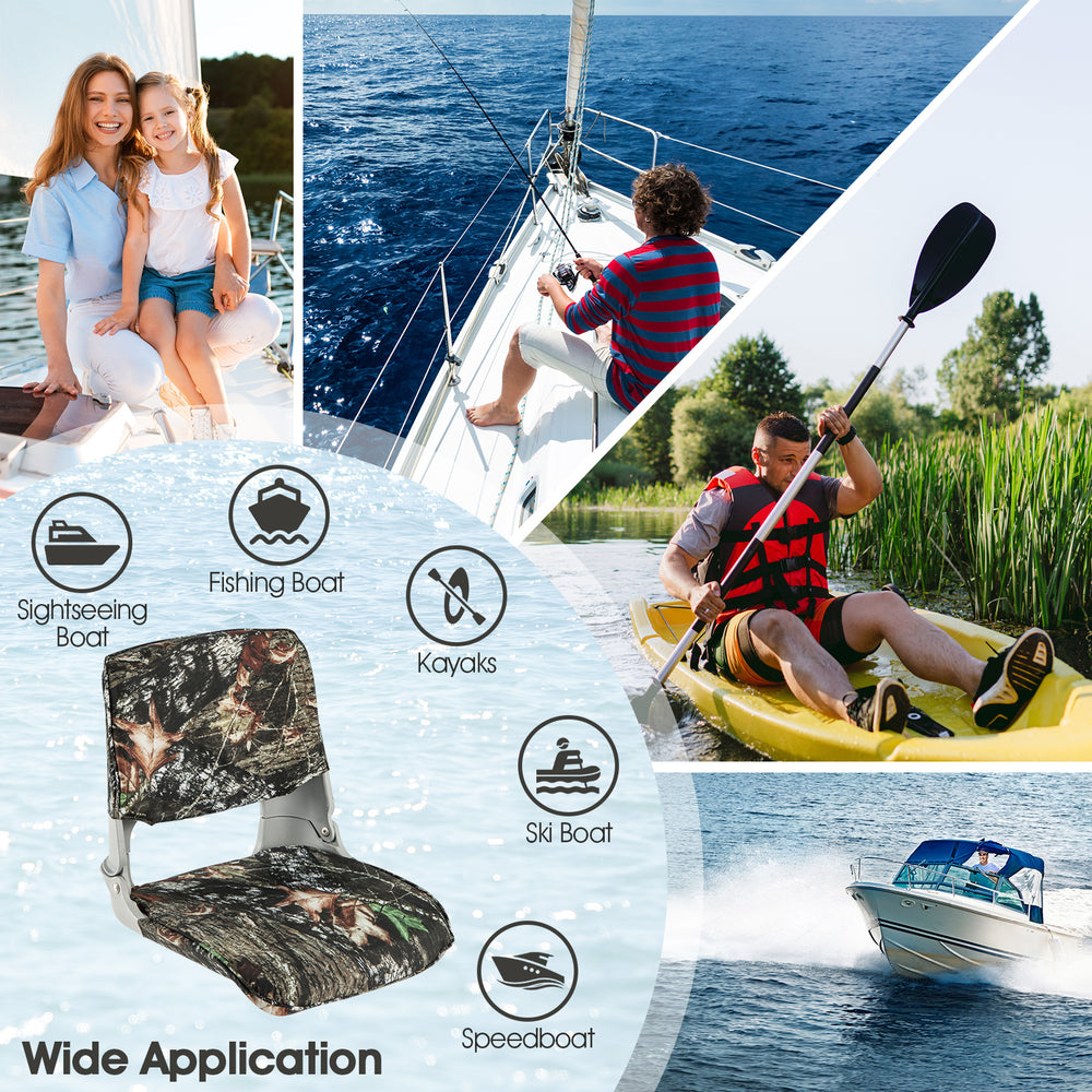 Low back folding padded boat seat in camouflage, waterproof Oxford fabric, ideal for fishing and sightseeing boats.