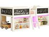 Low loft bed with LED lights, chalkboards, and bookcases in white, perfect for kids' rooms and organizing toys.